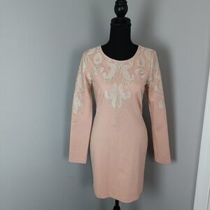 Gianni Bini Dress Womens Medium Pink Embroidered Long‎ Sleeve Sheath Cocktail M